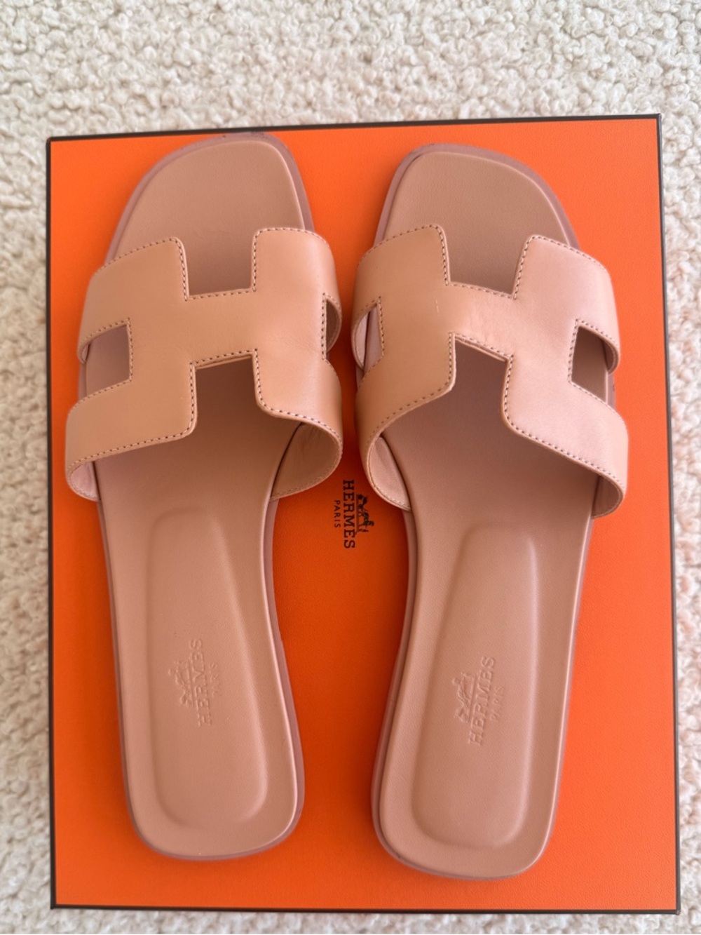 Hermes Pink Clay Leather Oran Slide Sandals